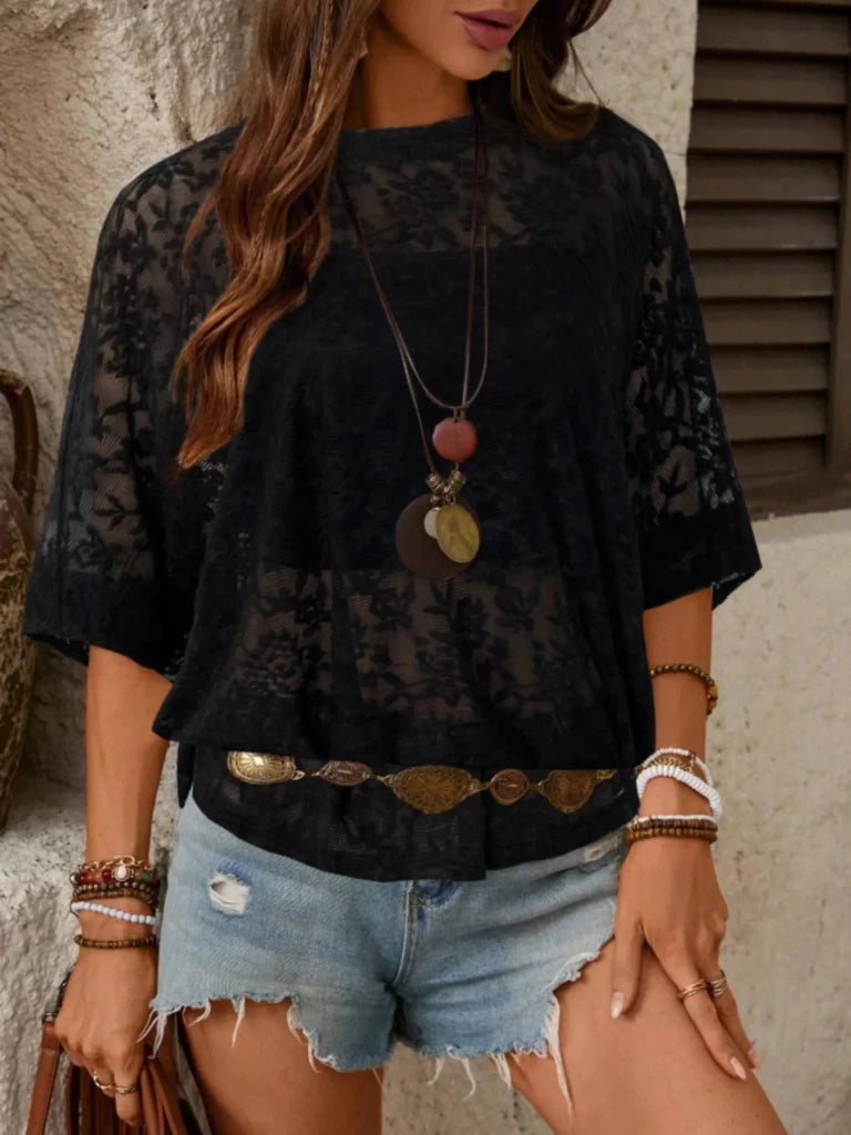 Floral Lace Sheer Round Neck Top - Black by Trendsi from FREYA’S CLOSET