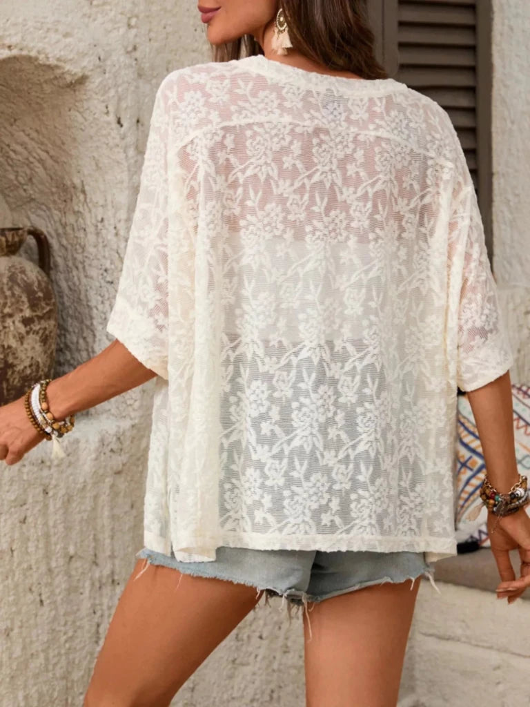 Floral Lace Sheer Round Neck Top - White by Trendsi from FREYA’S CLOSET