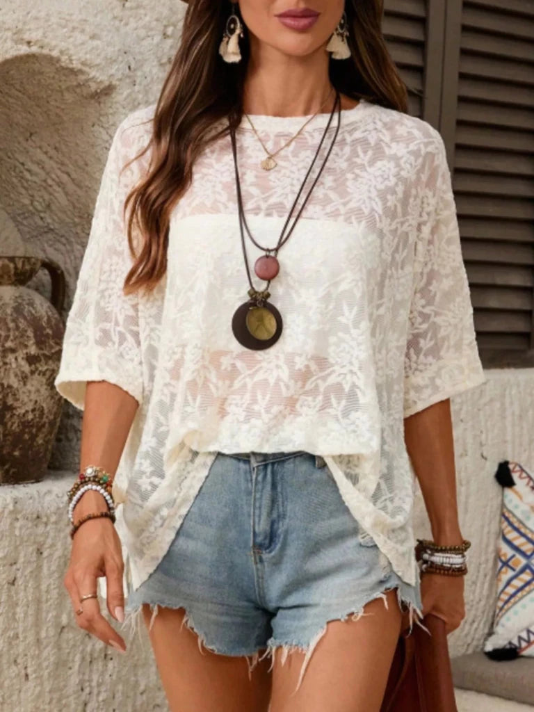 Floral Lace Sheer Round Neck Top - White by Trendsi from FREYA’S CLOSET