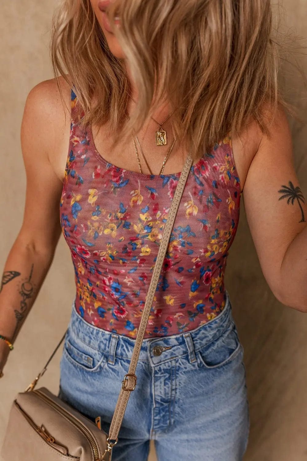 Trendsi Shirts and Blouse Floral Mesh Scoop Neck Wide Strap Bodysuit