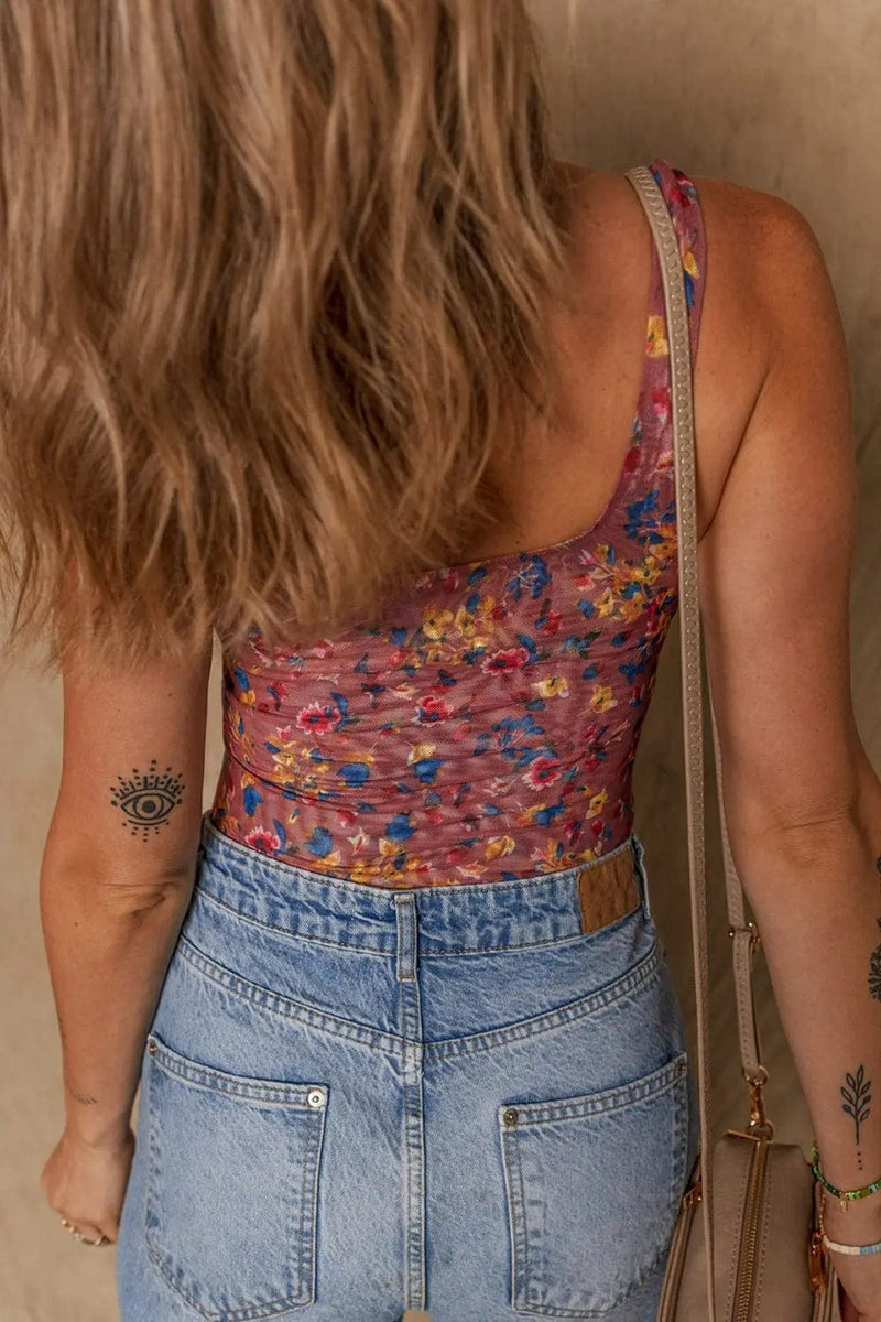 Trendsi Shirts and Blouse Floral Mesh Scoop Neck Wide Strap Bodysuit