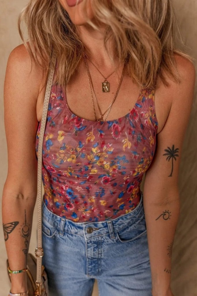 Floral Mesh Scoop Neck Wide Strap Bodysuit - Floral by Trendsi from FREYA’S CLOSET