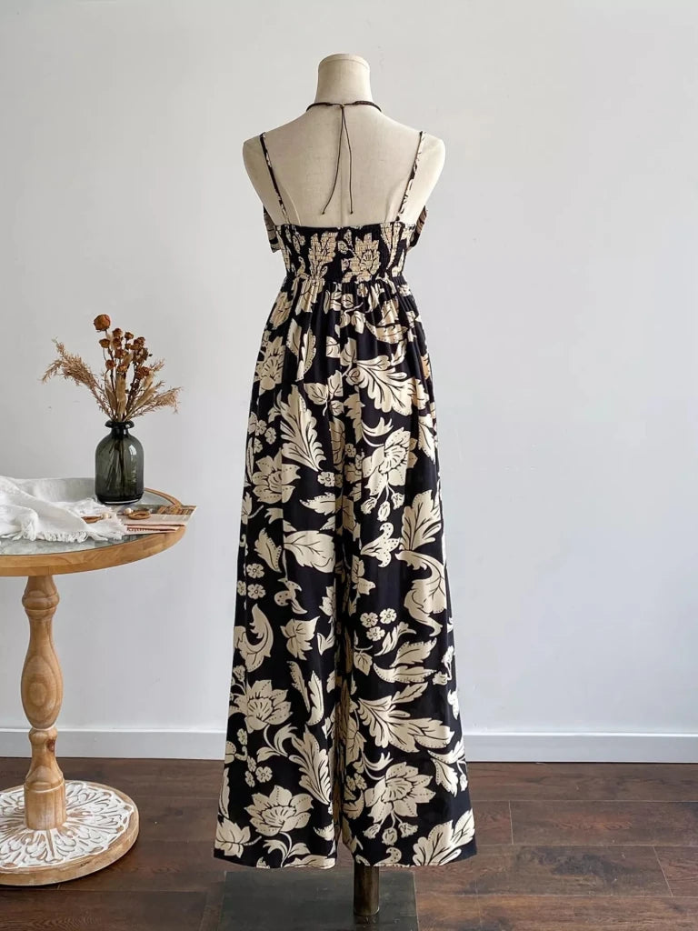 Floral Print Bowknot Wide Leg Jumpsuit - Black by Trendsi from FREYA’S CLOSET