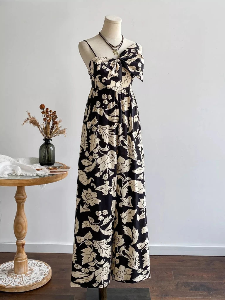 Floral Print Bowknot Wide Leg Jumpsuit - Black by Trendsi from FREYA’S CLOSET