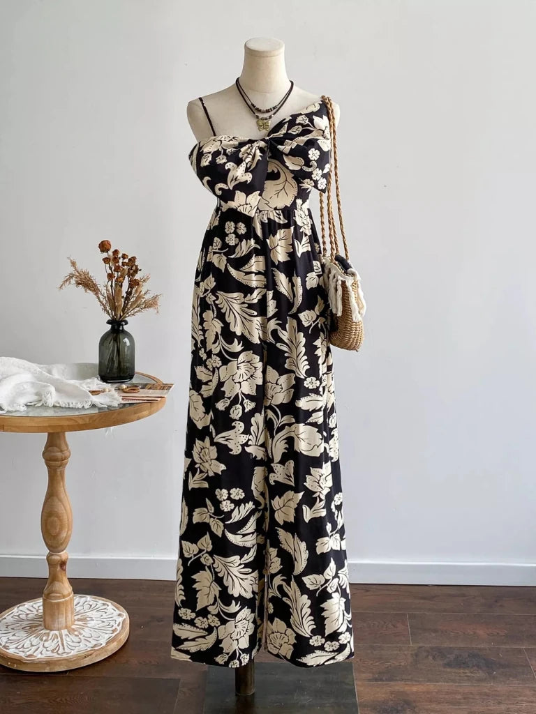 Floral Print Bowknot Wide Leg Jumpsuit - Black by Trendsi from FREYA’S CLOSET
