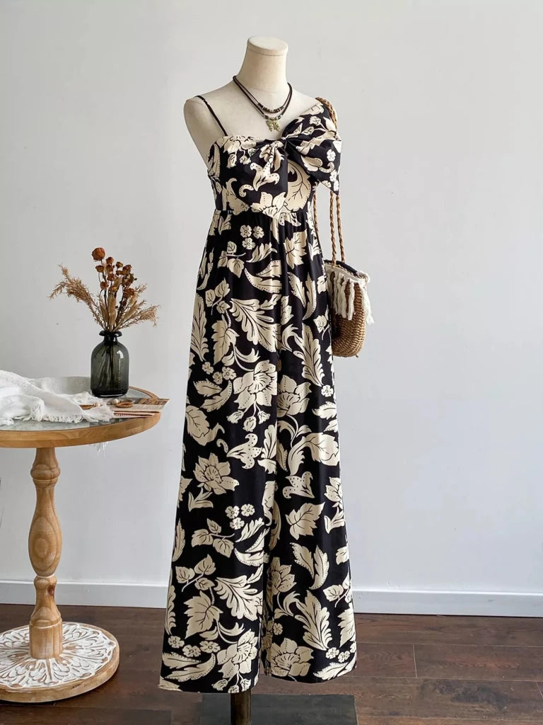 Floral Print Bowknot Wide Leg Jumpsuit - Black by Trendsi from FREYA’S CLOSET