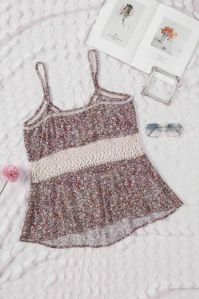 Floral Print Crochet Trim Cami with Spaghetti Straps - Floral by Trendsi from FREYA’S CLOSET