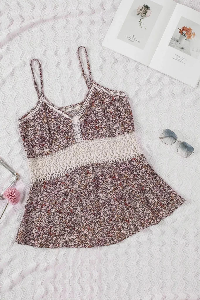 Floral Print Crochet Trim Cami with Spaghetti Straps - Floral by Trendsi from FREYA’S CLOSET