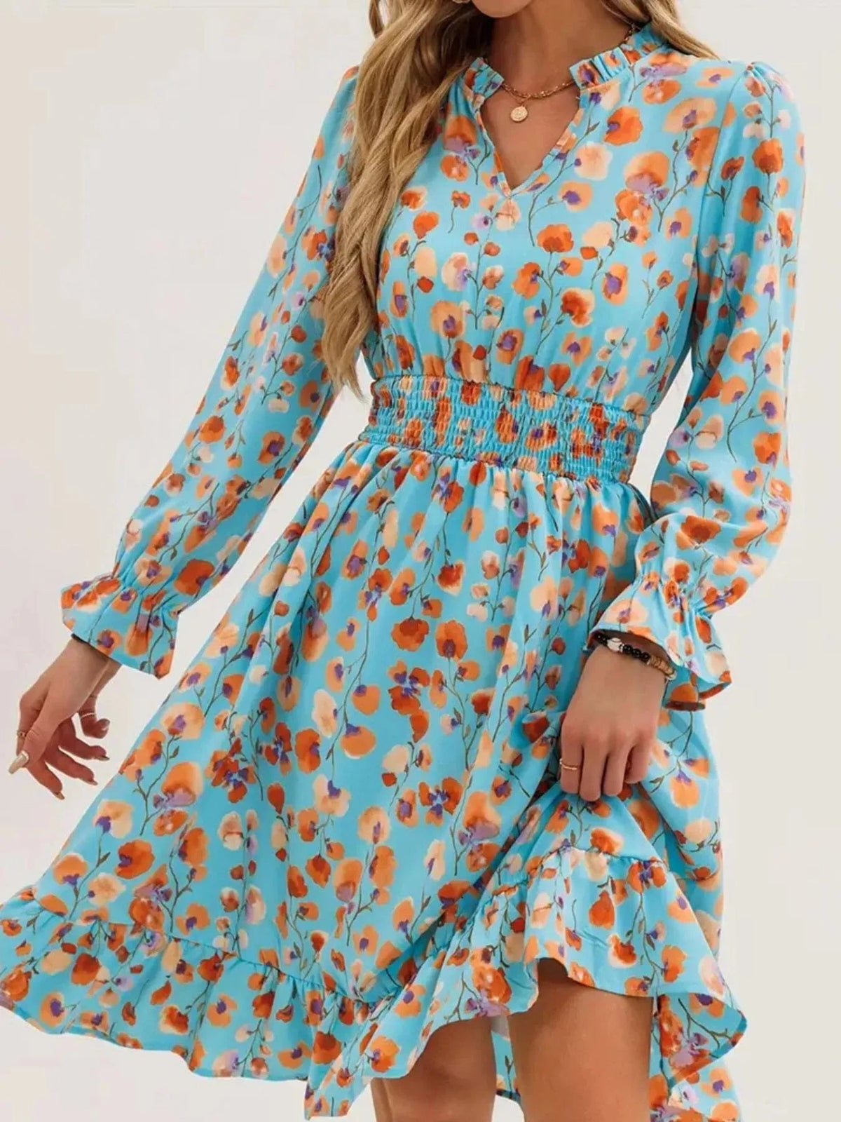 Trendsi set Floral Print Flounce Sleeve Ruffle Hem Dress