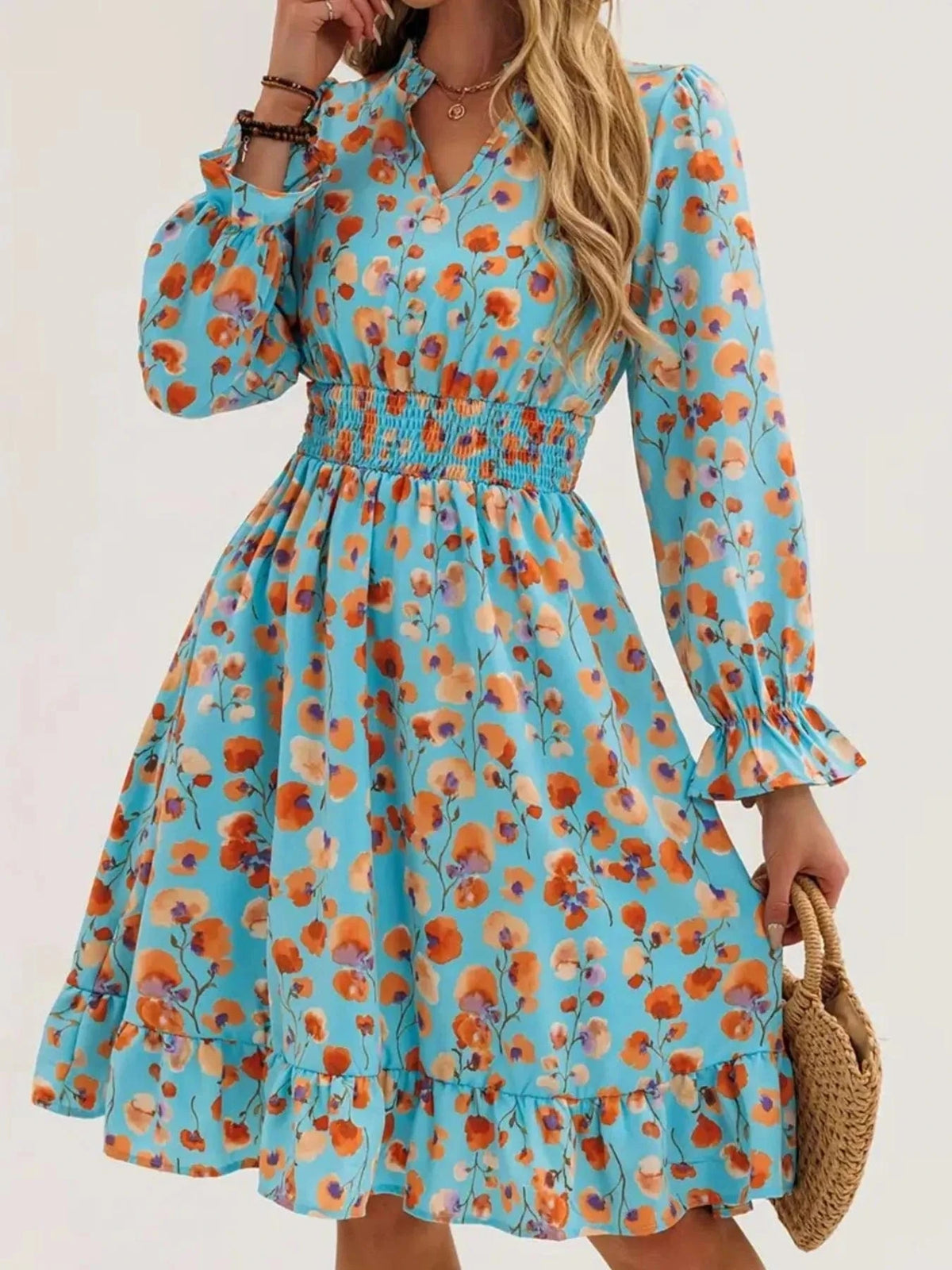 Trendsi set Peacock Blue / S Floral Print Flounce Sleeve Ruffle Hem Dress