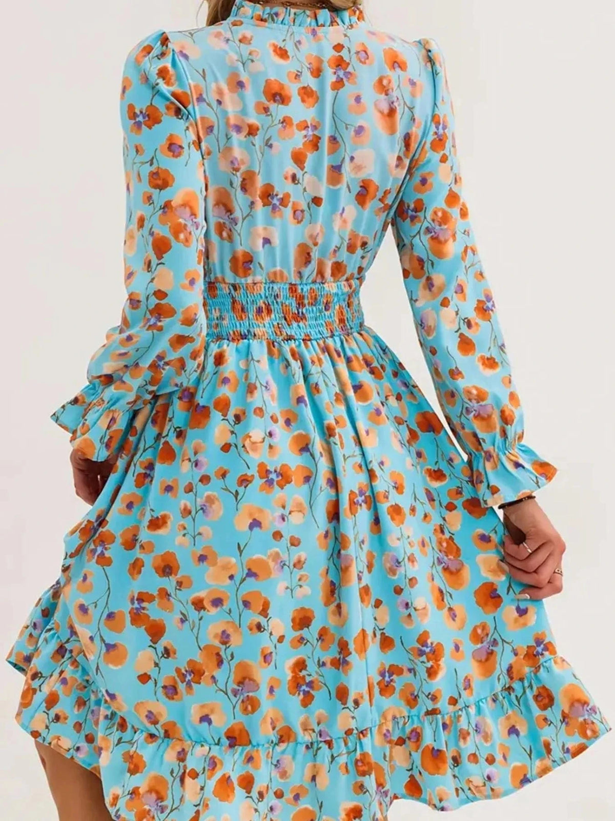 Trendsi set Floral Print Flounce Sleeve Ruffle Hem Dress