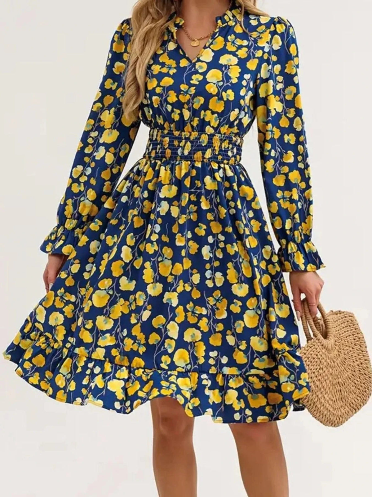 Trendsi set Floral Print Flounce Sleeve Ruffle Hem Dress