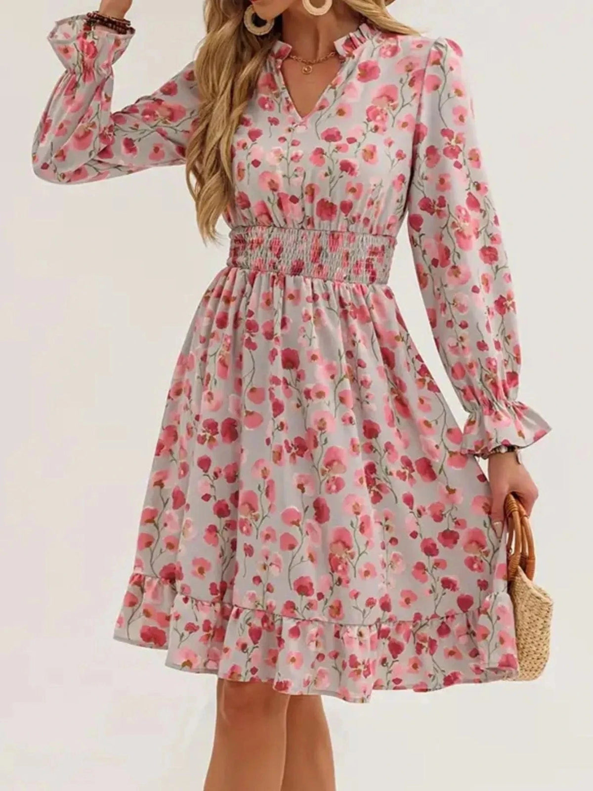 Trendsi set Floral Print Flounce Sleeve Ruffle Hem Dress