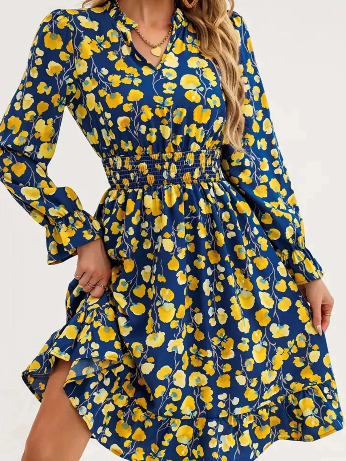 Trendsi set Floral Print Flounce Sleeve Ruffle Hem Dress