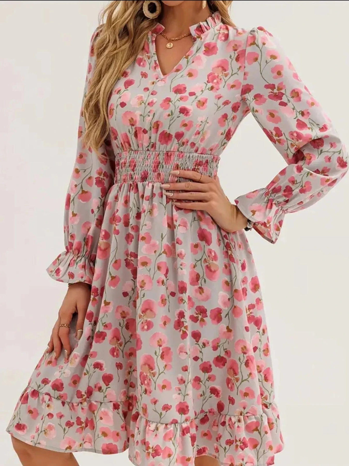 Trendsi set Floral Print Flounce Sleeve Ruffle Hem Dress