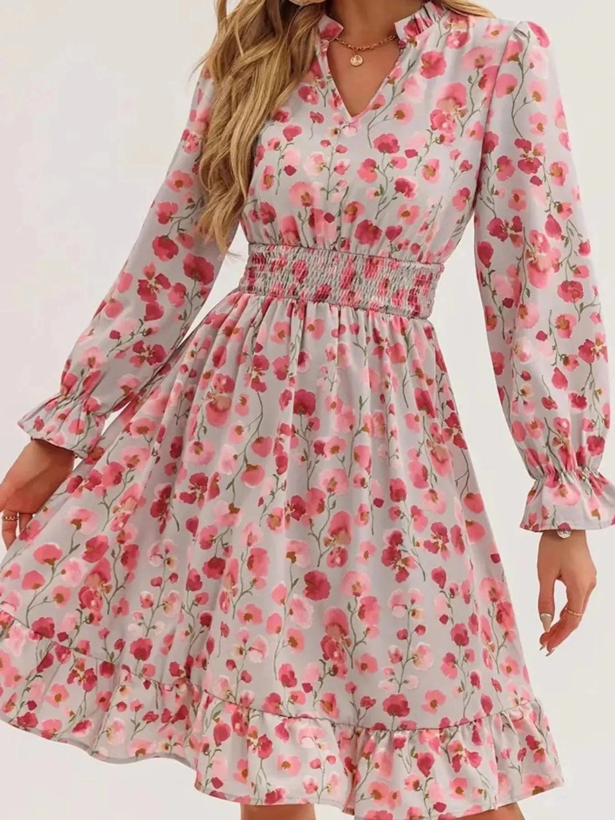 Trendsi set Floral Print Flounce Sleeve Ruffle Hem Dress