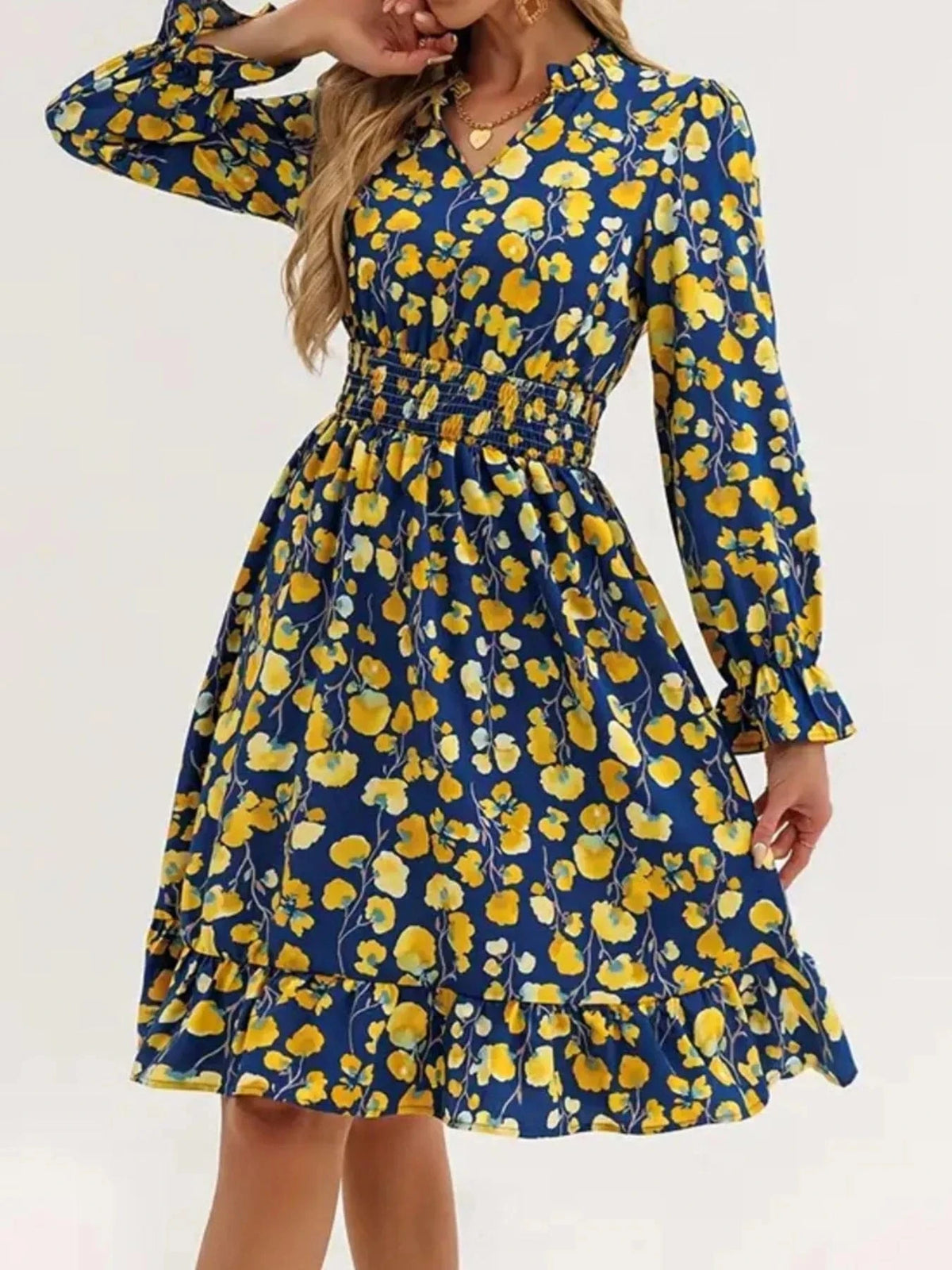 Trendsi set Yellow Flower / S Floral Print Flounce Sleeve Ruffle Hem Dress