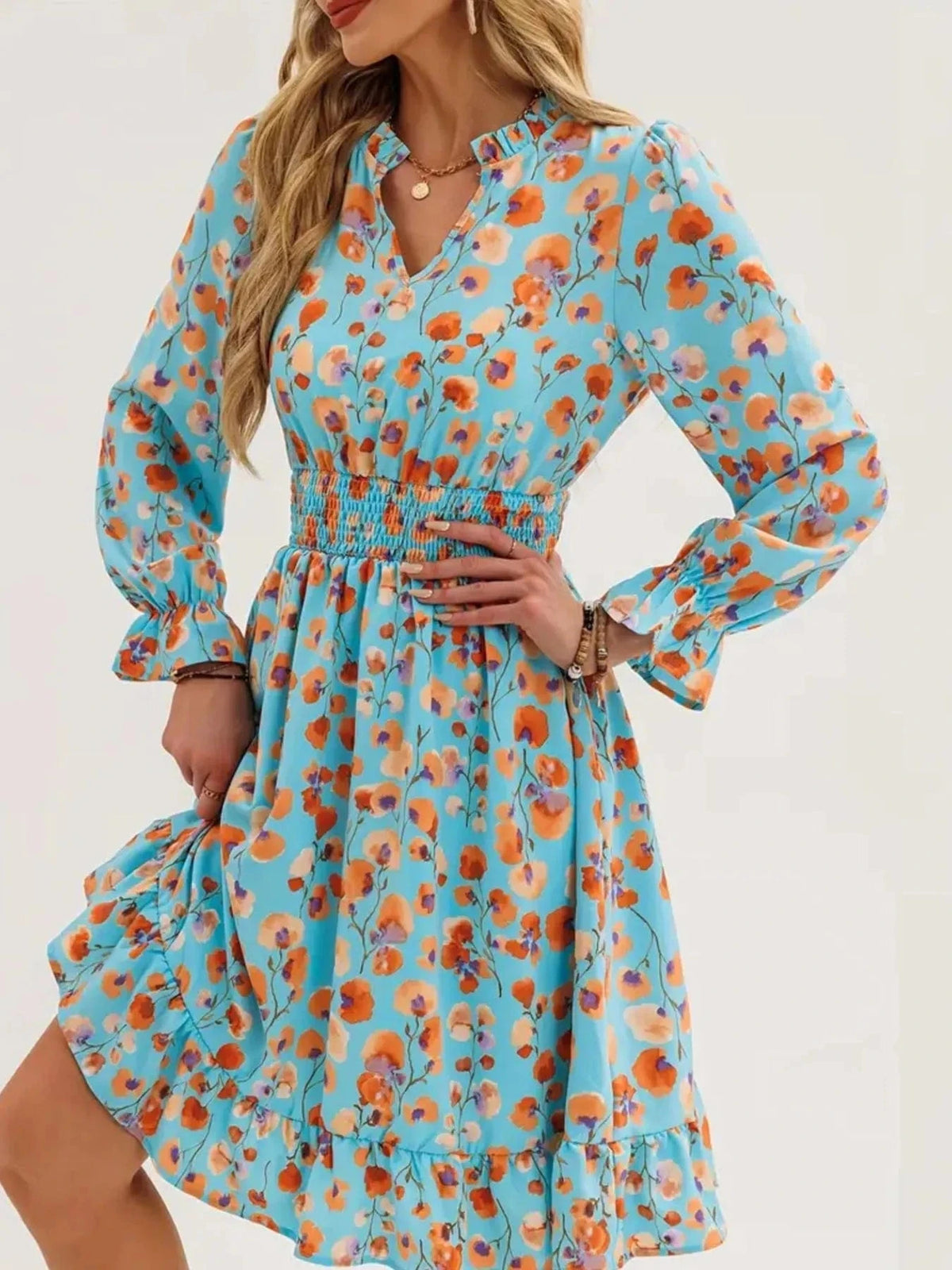 Trendsi set Floral Print Flounce Sleeve Ruffle Hem Dress