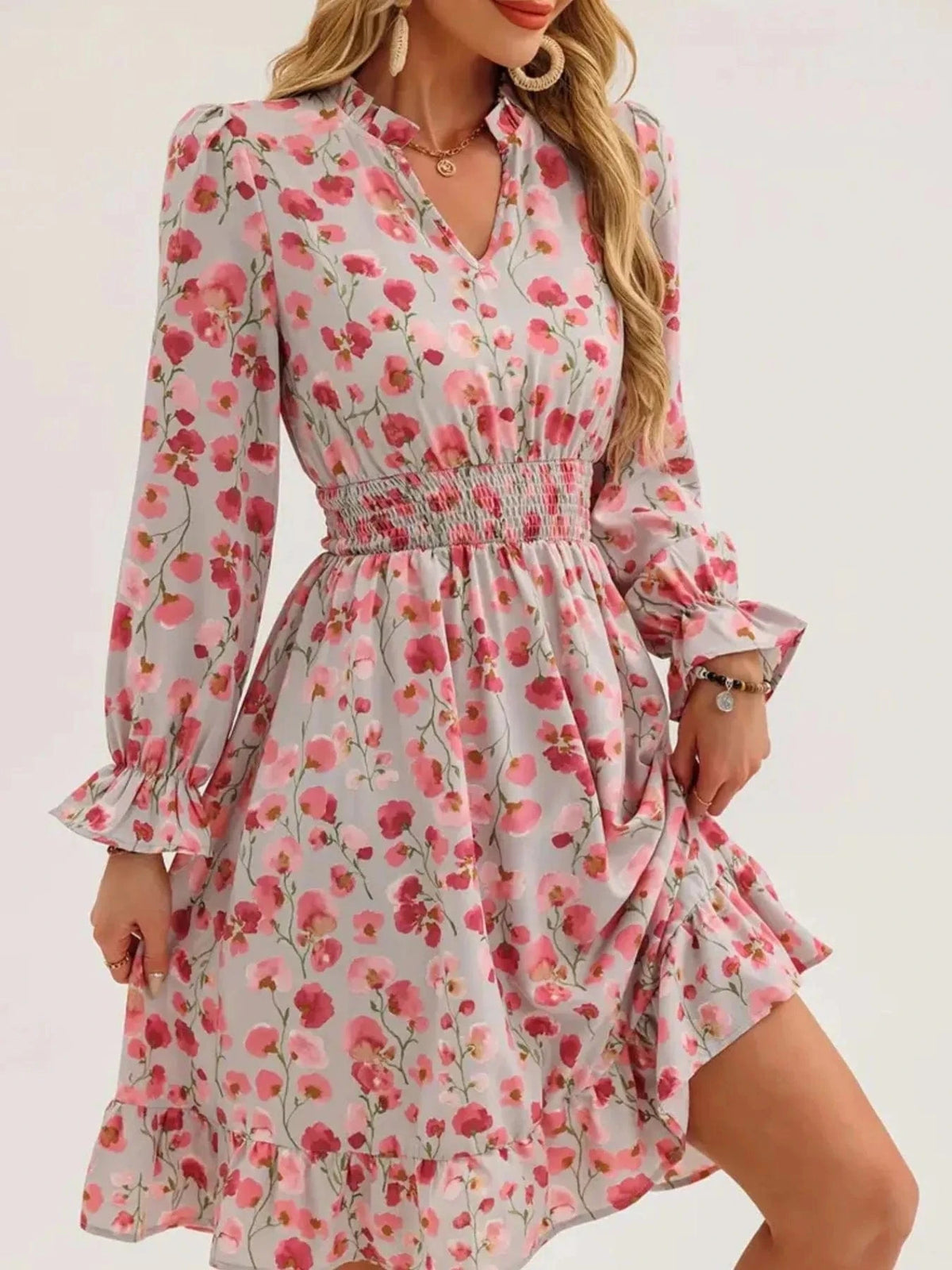 Trendsi set Floral Print Flounce Sleeve Ruffle Hem Dress