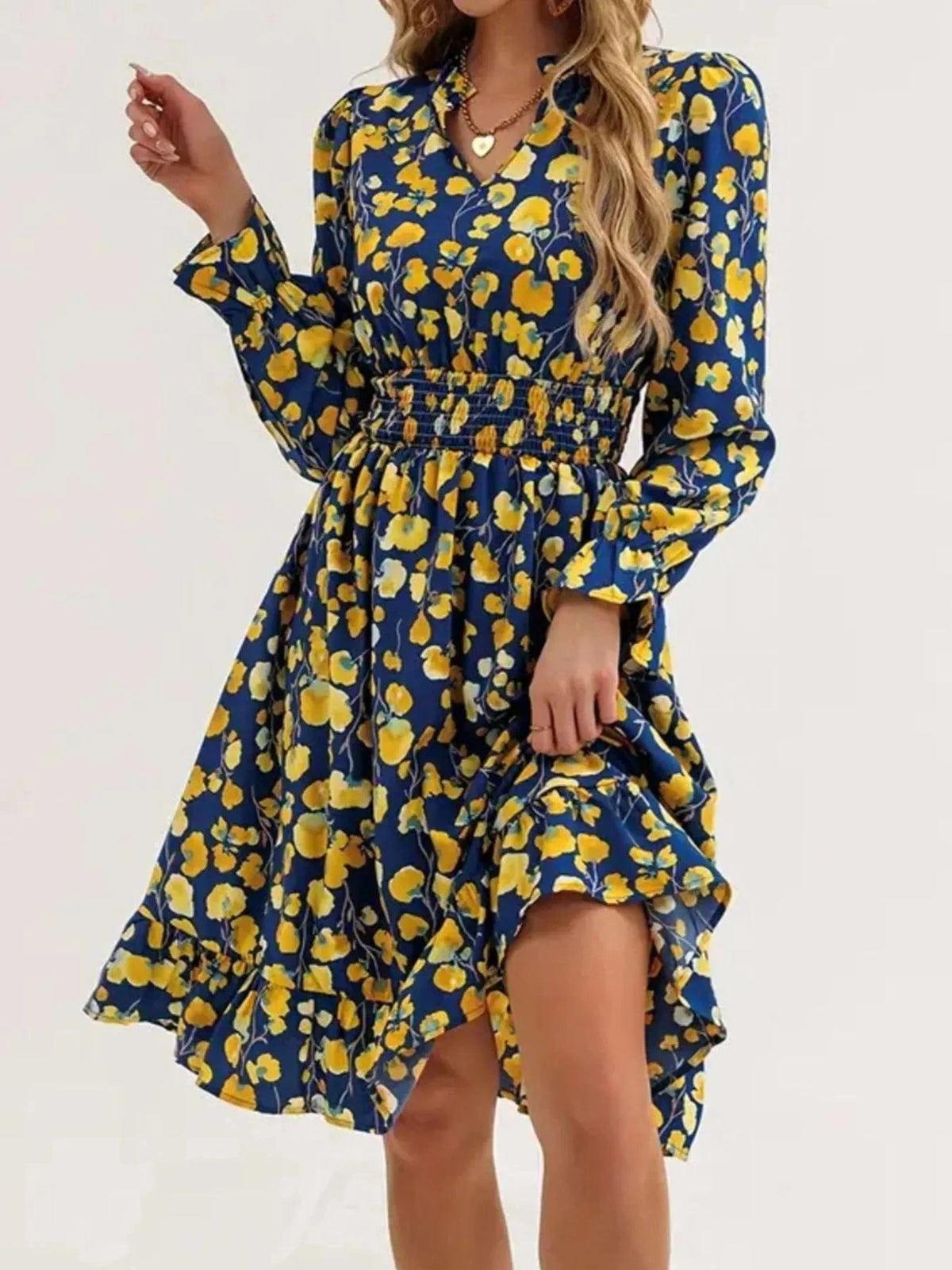 Trendsi set Floral Print Flounce Sleeve Ruffle Hem Dress