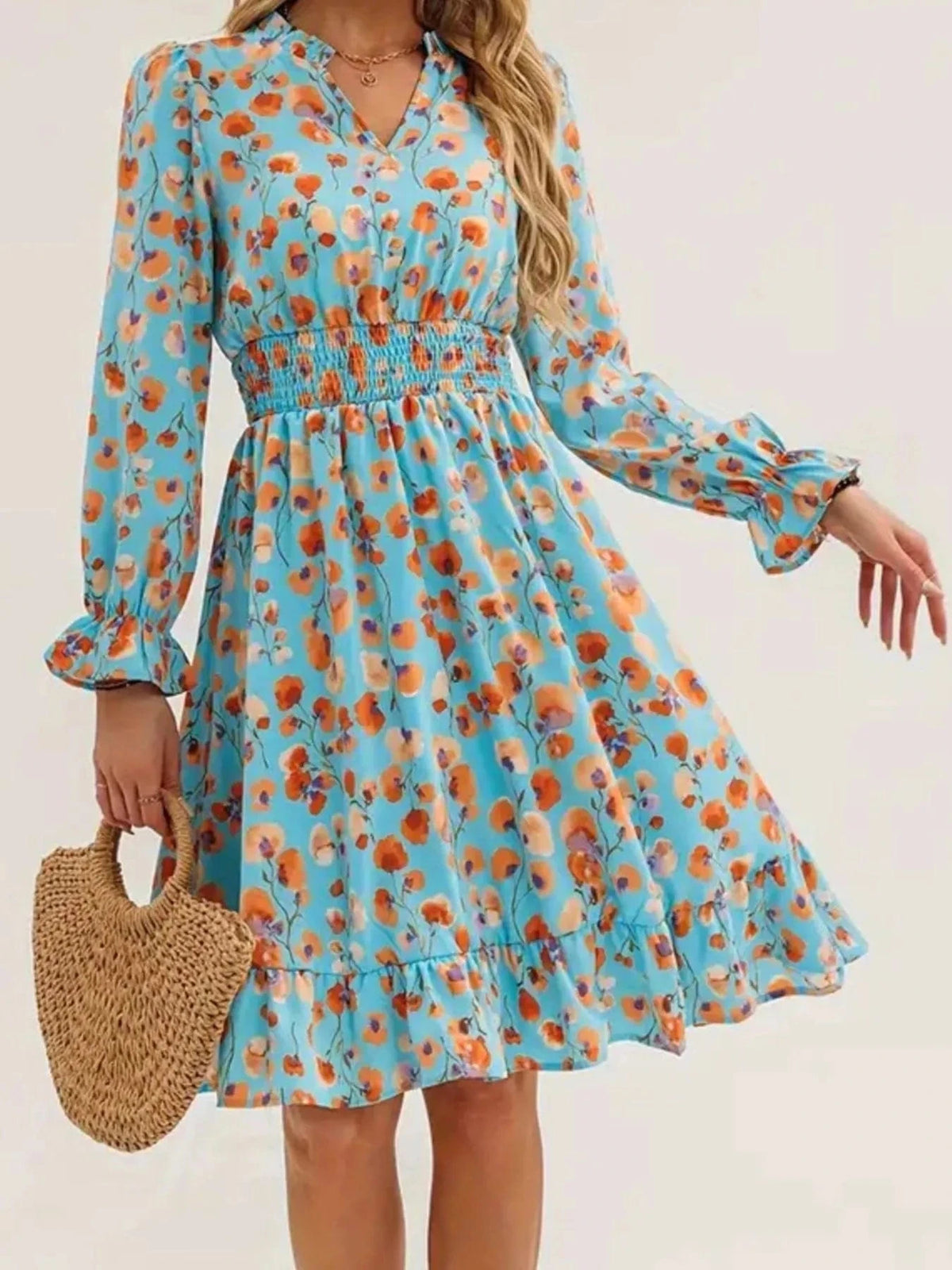 Trendsi set Floral Print Flounce Sleeve Ruffle Hem Dress