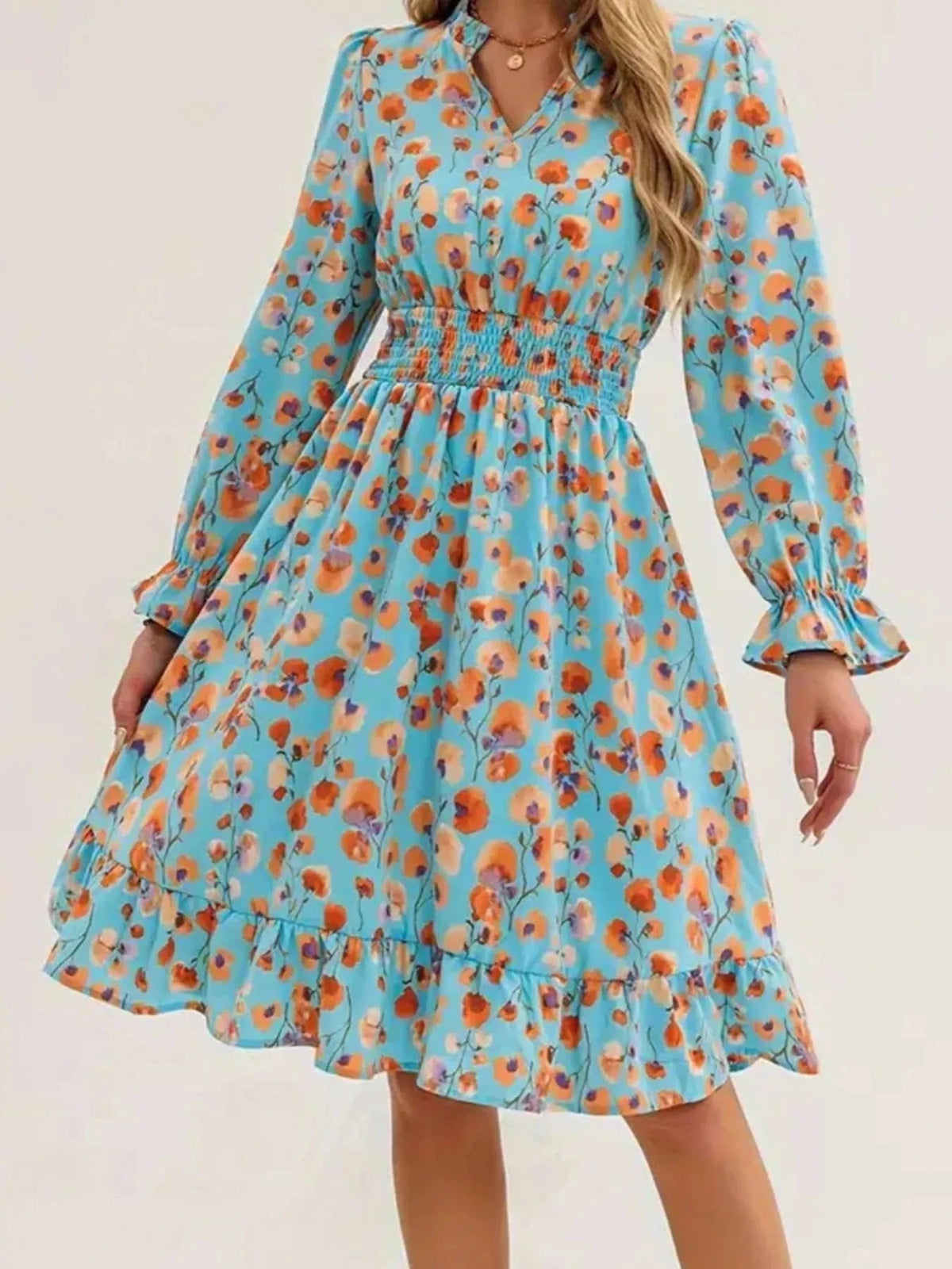 Trendsi set Floral Print Flounce Sleeve Ruffle Hem Dress