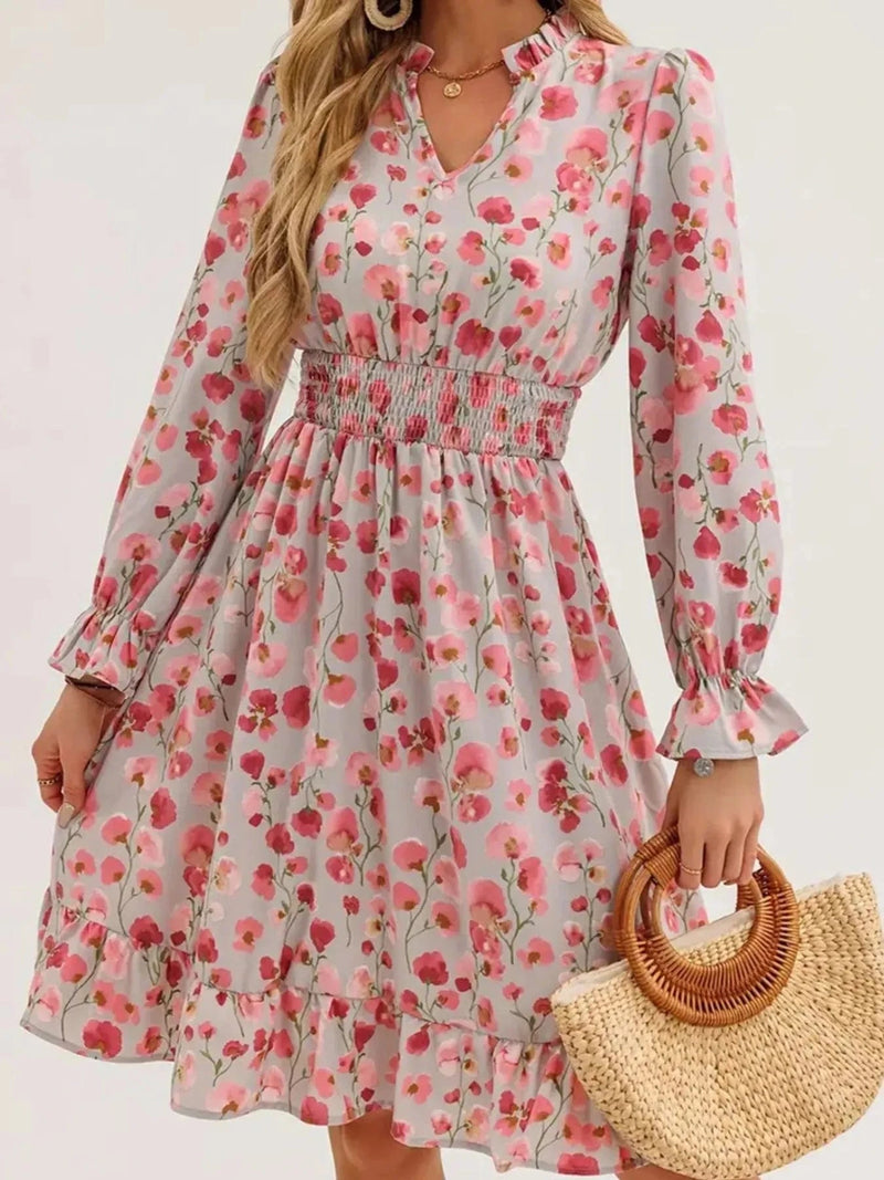 Trendsi set Floral Print Flounce Sleeve Ruffle Hem Dress