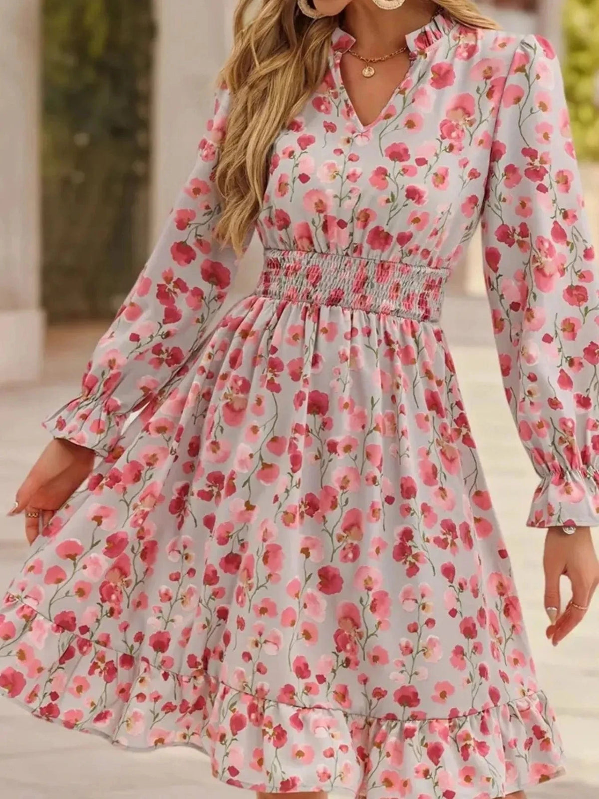 Trendsi set Pink Flower / S Floral Print Flounce Sleeve Ruffle Hem Dress