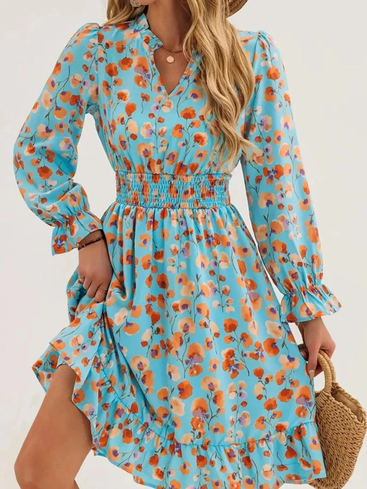 Trendsi set Floral Print Flounce Sleeve Ruffle Hem Dress