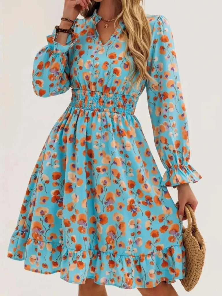 Floral Print Flounce Sleeve Ruffle Hem Dress - Peacock Blue by Trendsi from FREYA’S CLOSET