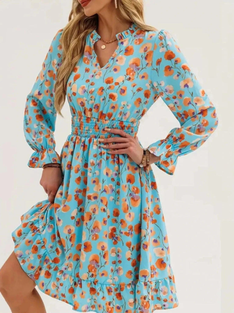 Floral Print Flounce Sleeve Ruffle Hem Dress - Peacock Blue by Trendsi from FREYA’S CLOSET