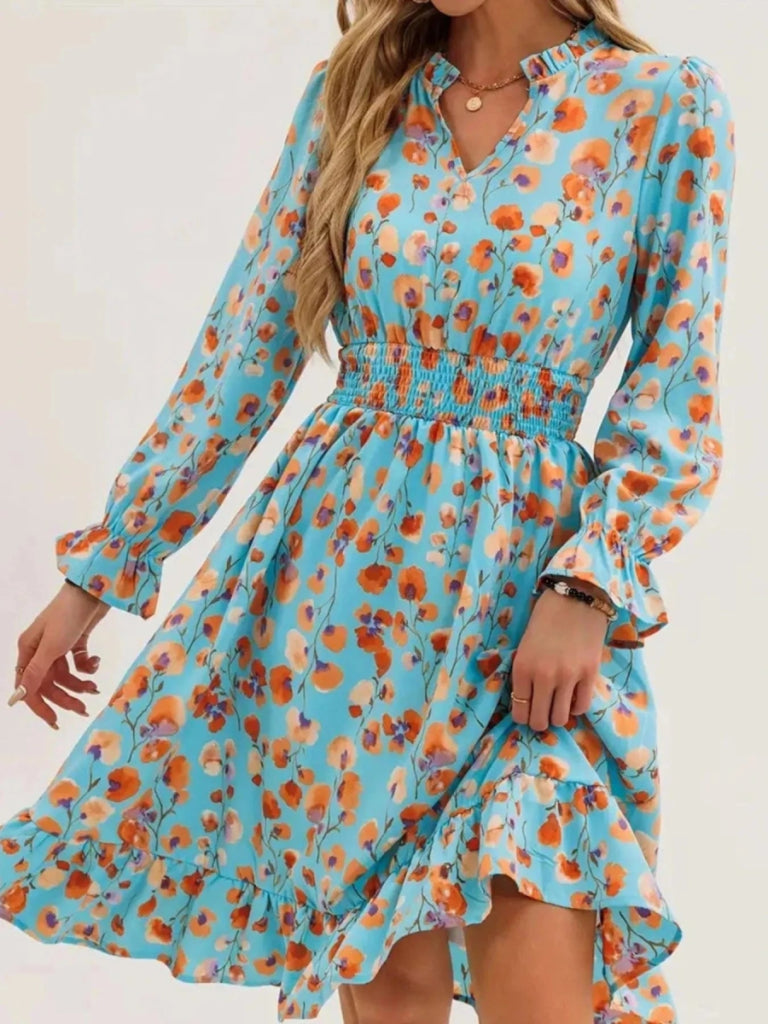 Floral Print Flounce Sleeve Ruffle Hem Dress - Peacock Blue by Trendsi from FREYA’S CLOSET
