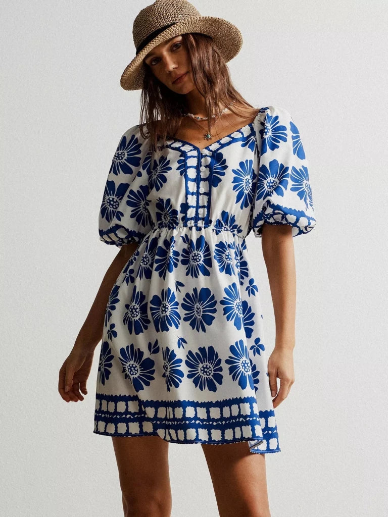 Floral Print Puff Sleeve Mini Dress - Royal Blue by Trendsi from FREYA’S CLOSET