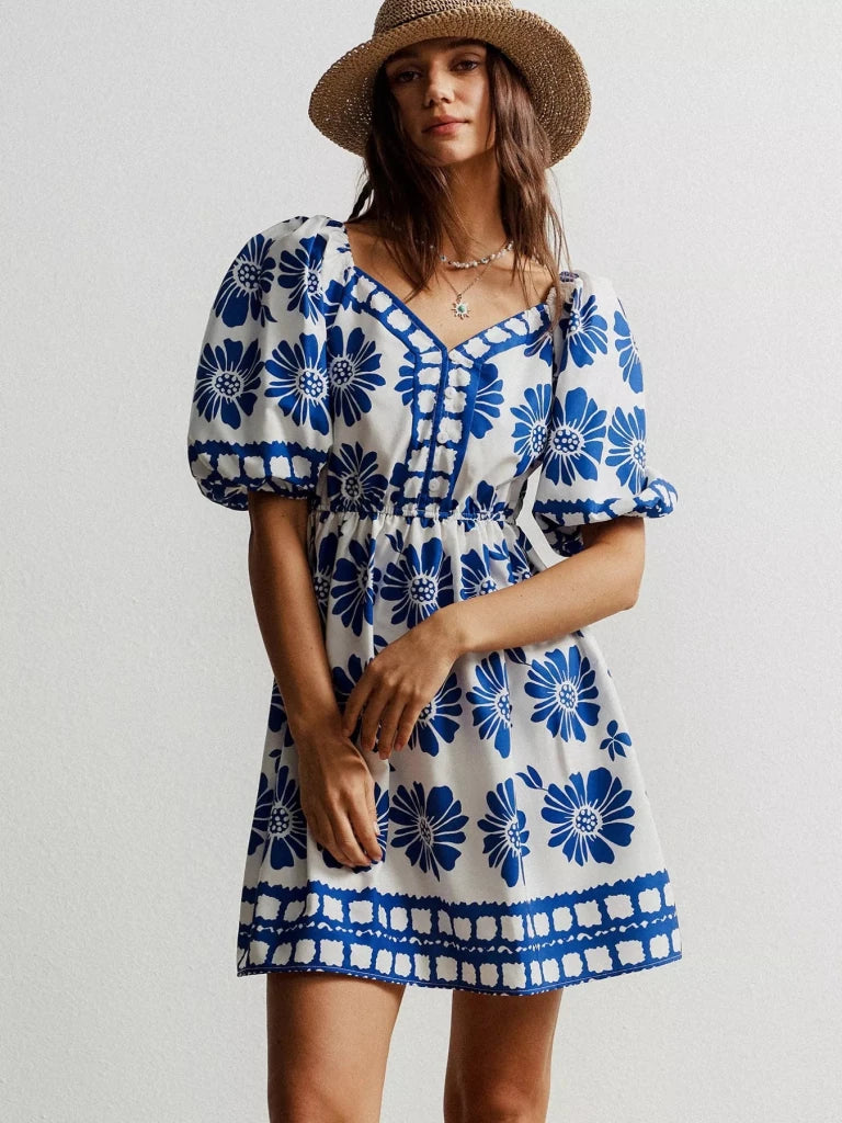 Floral Print Puff Sleeve Mini Dress - Royal Blue by Trendsi from FREYA’S CLOSET