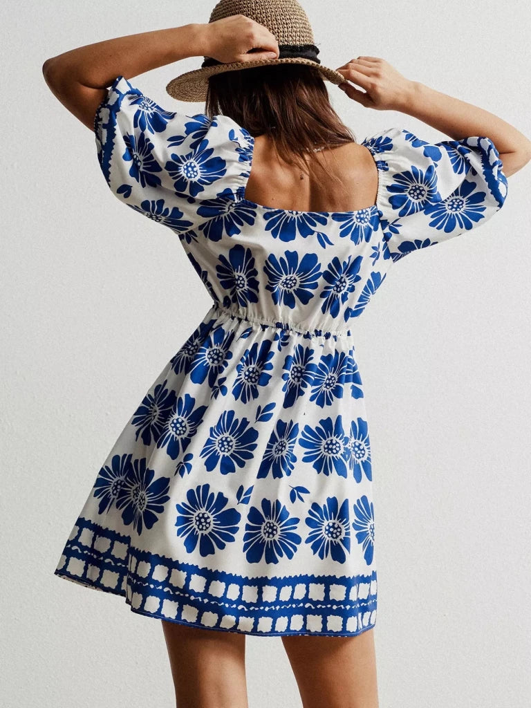 Floral Print Puff Sleeve Mini Dress - Royal Blue by Trendsi from FREYA’S CLOSET