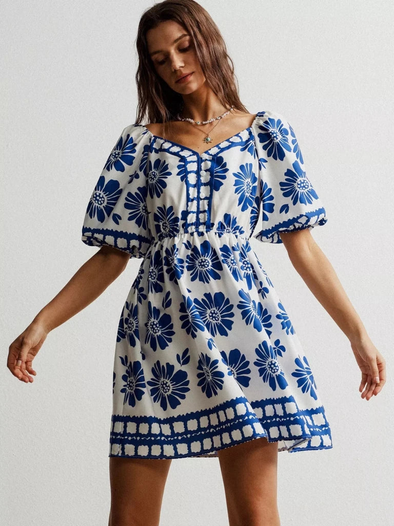 Floral Print Puff Sleeve Mini Dress - Royal Blue by Trendsi from FREYA’S CLOSET