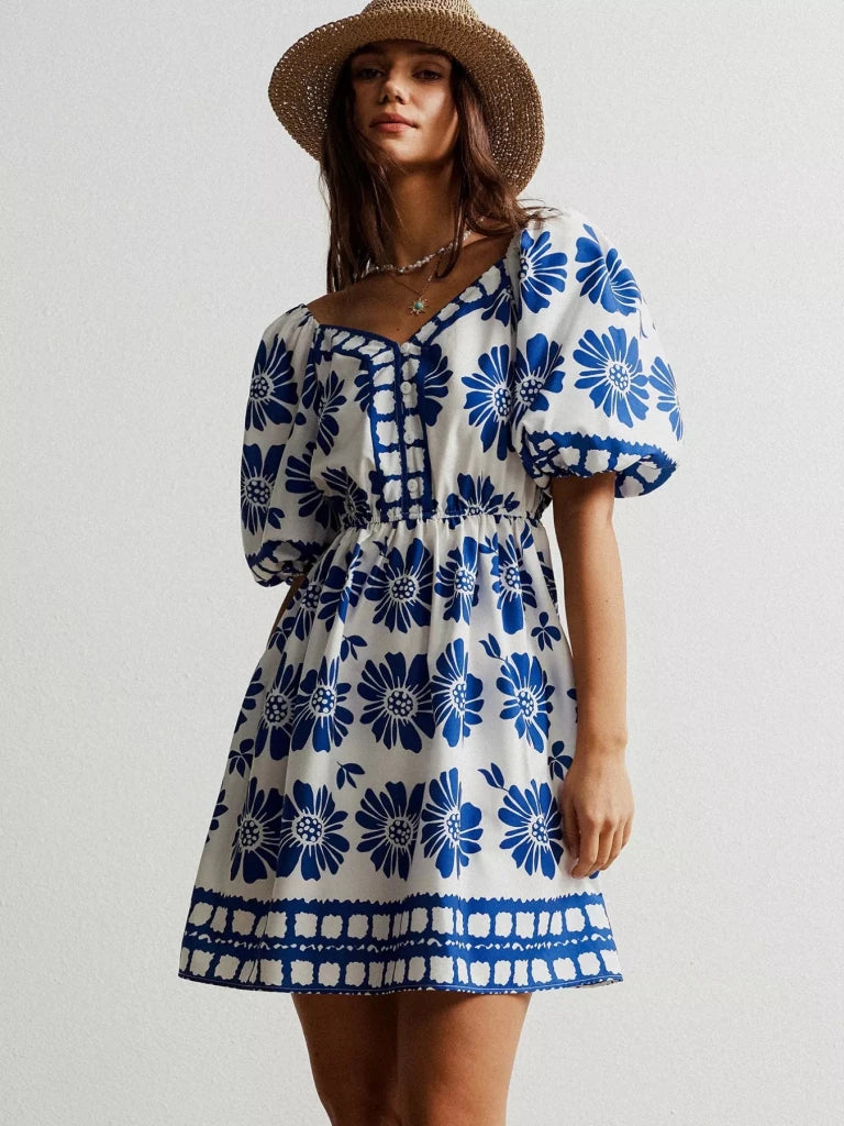 Floral Print Puff Sleeve Mini Dress - Royal Blue by Trendsi from FREYA’S CLOSET