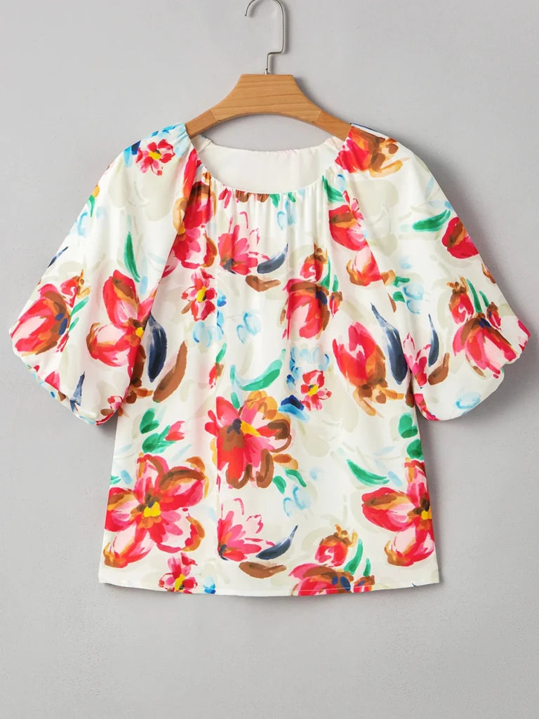Floral Print Puffy Half Sleeve Blouse - Floral by Trendsi from FREYA’S CLOSET