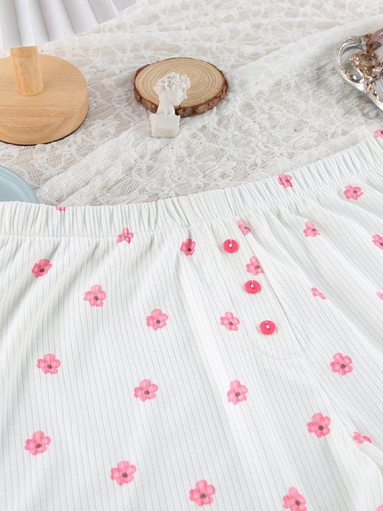 Floral Print Ribbed Knit Top and Shorts Lounge Set - White by Trendsi from FREYA’S CLOSET