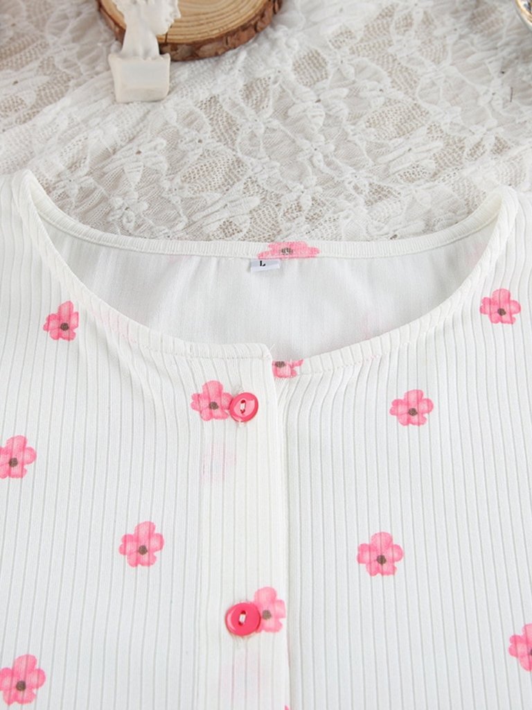 Floral Print Ribbed Knit Top and Shorts Lounge Set - White by Trendsi from FREYA’S CLOSET