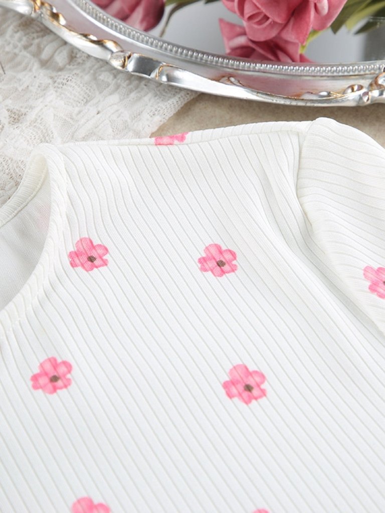 Floral Print Ribbed Knit Top and Shorts Lounge Set - White by Trendsi from FREYA’S CLOSET