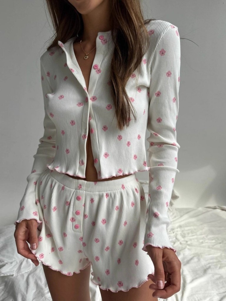 Floral Print Ribbed Knit Top and Shorts Lounge Set - White by Trendsi from FREYA’S CLOSET
