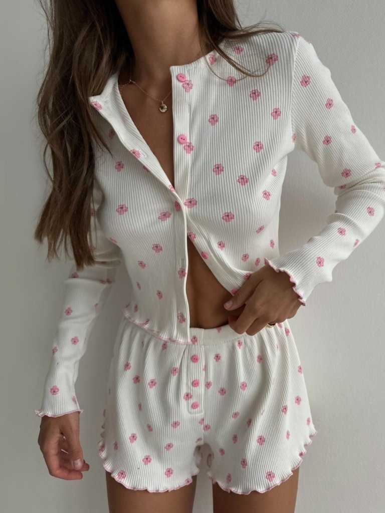 Floral Print Ribbed Knit Top and Shorts Lounge Set - White by Trendsi from FREYA’S CLOSET