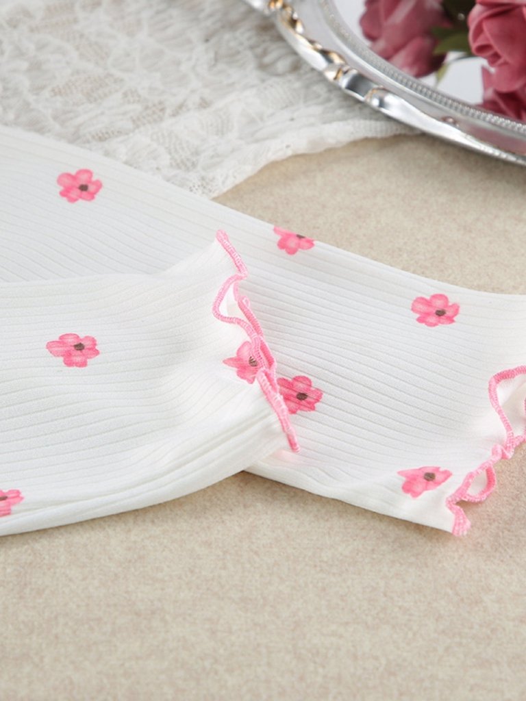 Floral Print Ribbed Knit Top and Shorts Lounge Set - White by Trendsi from FREYA’S CLOSET