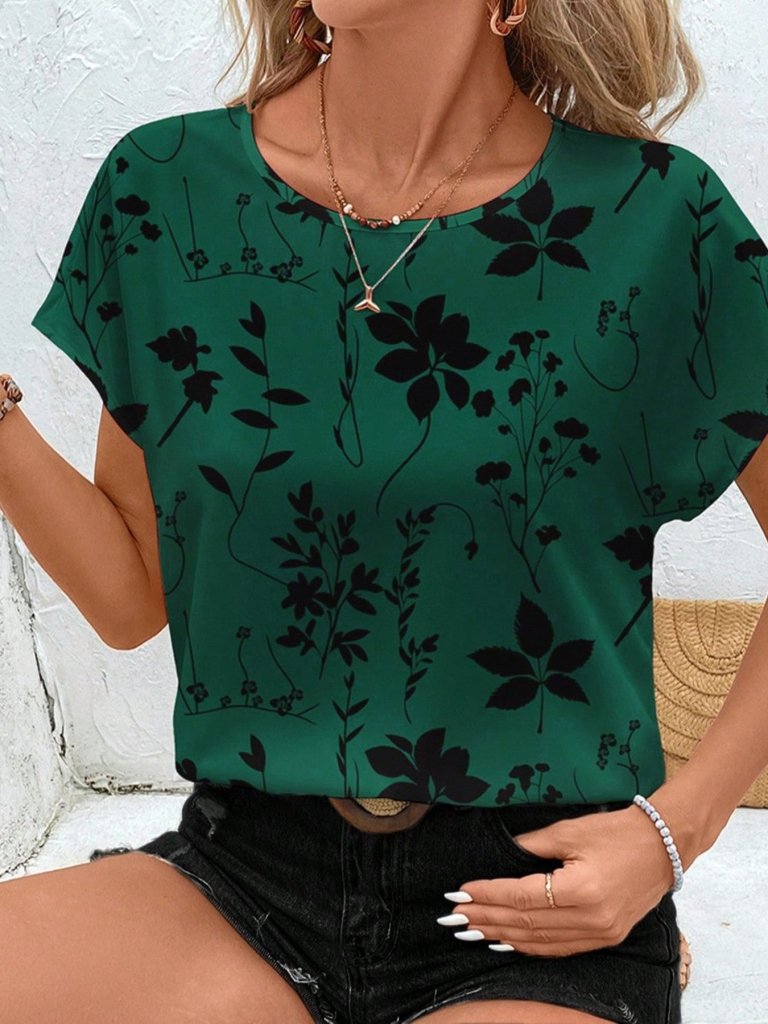 Floral Print Round Neck Blouse - Dark Green by Trendsi from FREYA’S CLOSET