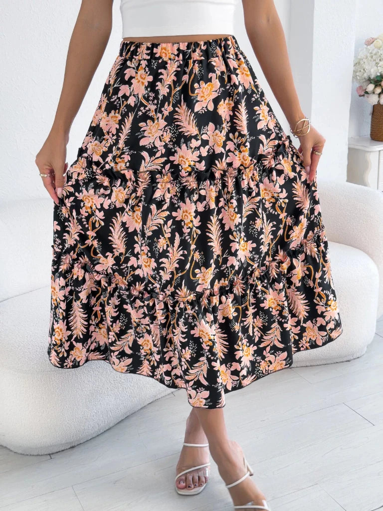 Floral Print Ruffle Hem Flowy Midi Skirt - Black by Trendsi from FREYA’S CLOSET