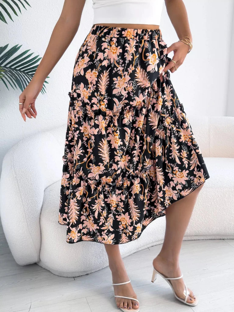 Floral Print Ruffle Hem Flowy Midi Skirt - Black by Trendsi from FREYA’S CLOSET