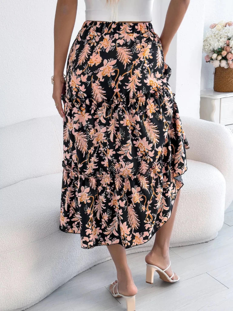 Floral Print Ruffle Hem Flowy Midi Skirt - Black by Trendsi from FREYA’S CLOSET
