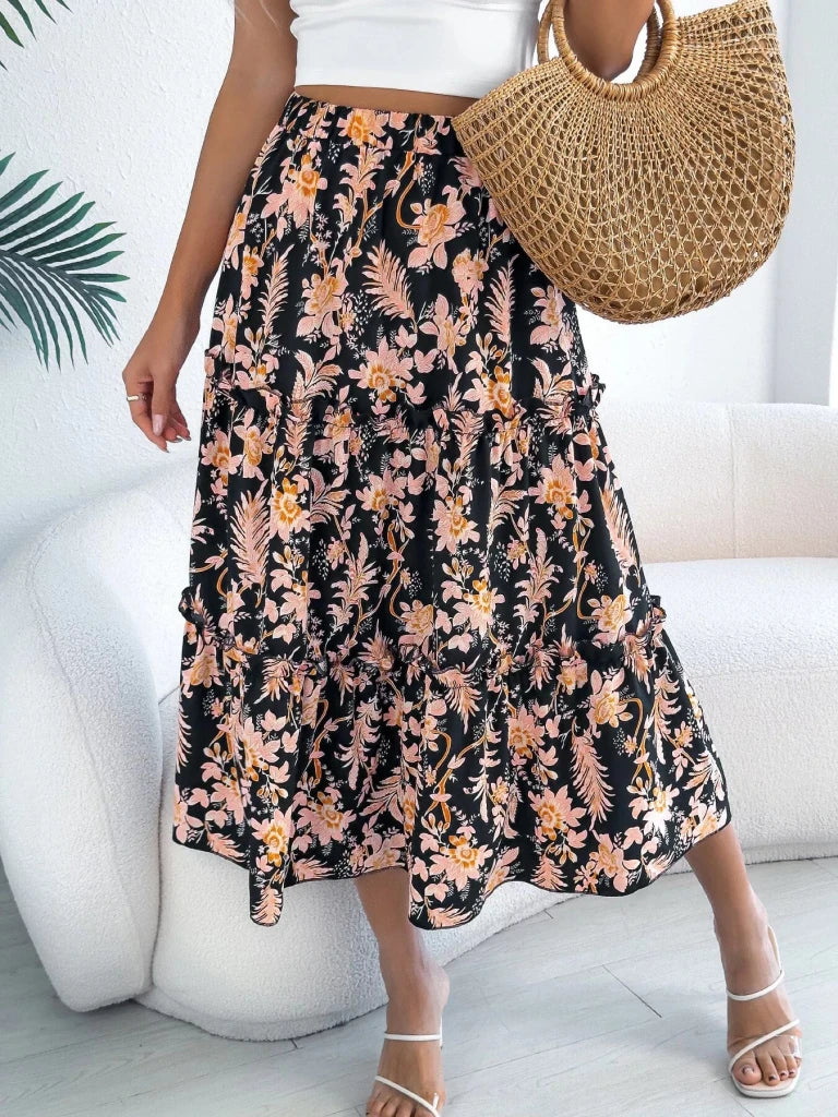 Floral Print Ruffle Hem Flowy Midi Skirt - Black by Trendsi from FREYA’S CLOSET