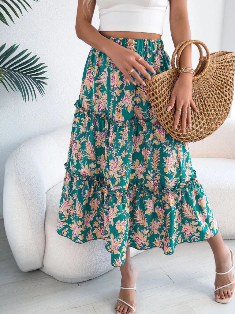 Floral Print Ruffle Hem Flowy Midi Skirt - Green by Trendsi from FREYA’S CLOSET